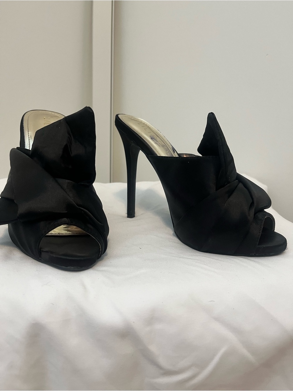 Black Satin Peep-Toe High Heel Mules